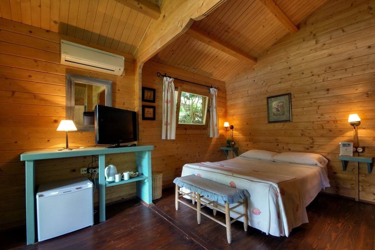 Acogedora habitación tipo cabaña con una cama, un escritorio con televisor, un refrigerador pequeño y una ventana con cortinas.
