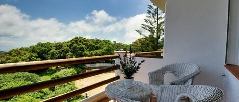A balcony with wicker furniture, a potted plant, and a view of a green landscape.