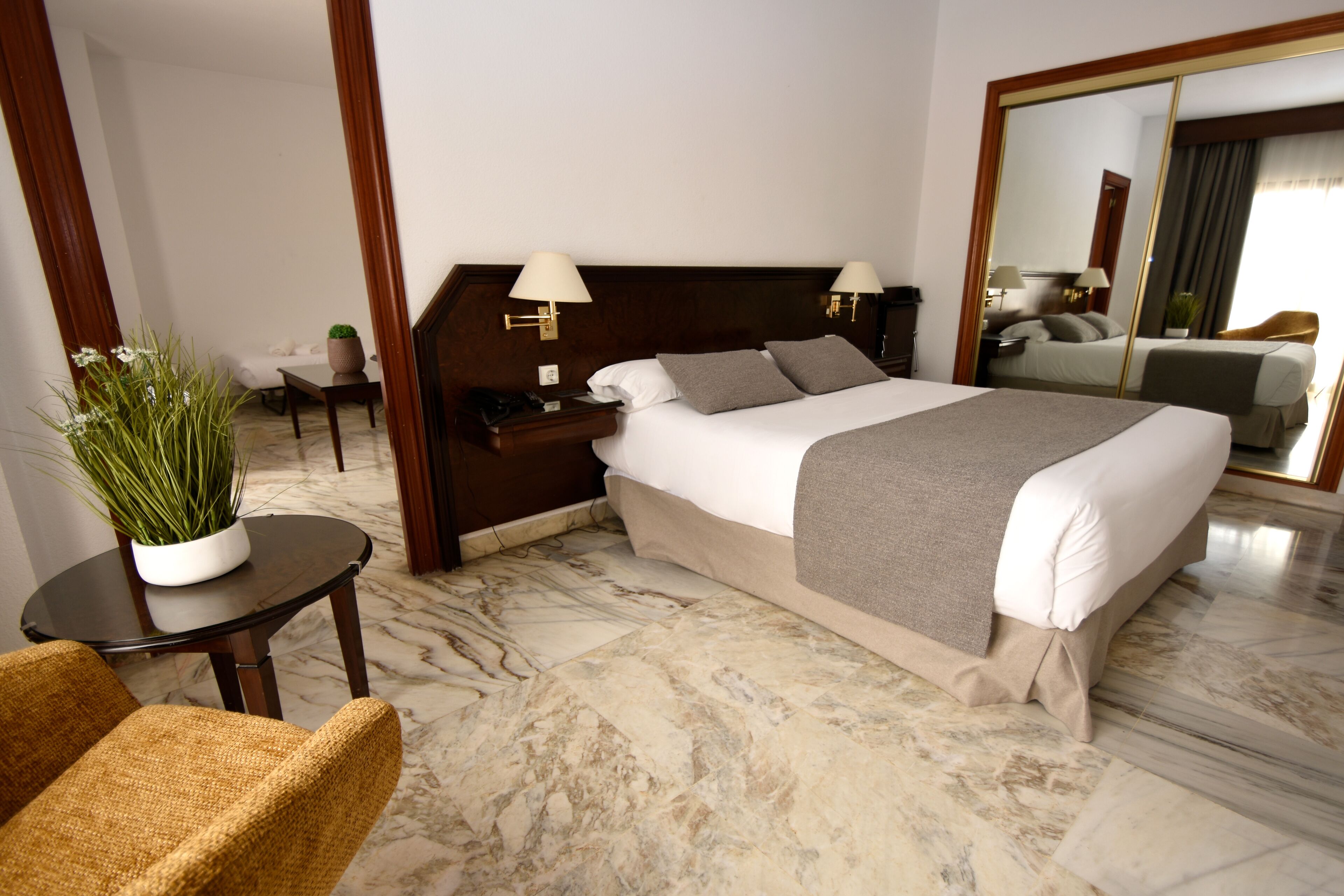 Habitación de hotel con una cama grande, una mesita de noche, una silla, una pequeña mesa con una planta y un espejo amplio.
