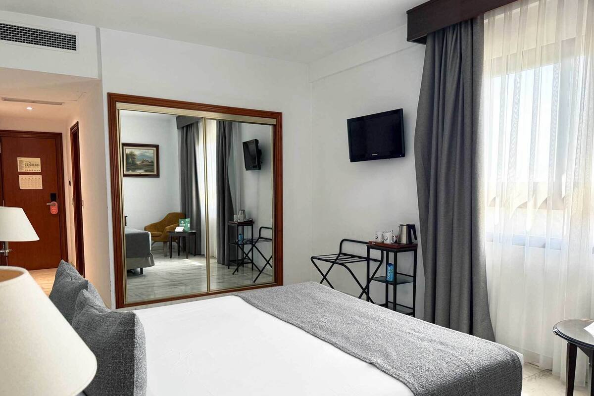 A hotel room with a bed, a desk, a chair, a television, and a large mirror.