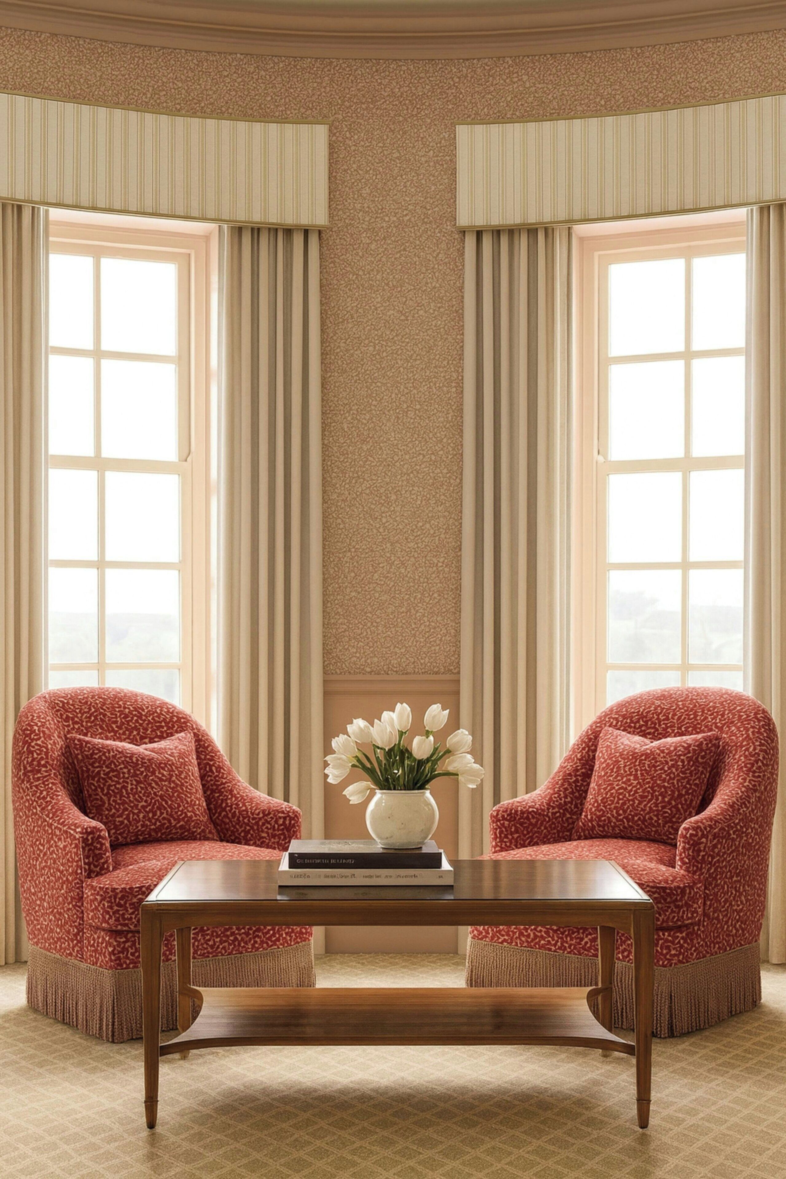 A room with two patterned armchairs, a wooden coffee table, a vase with flowers, and a window with curtains.