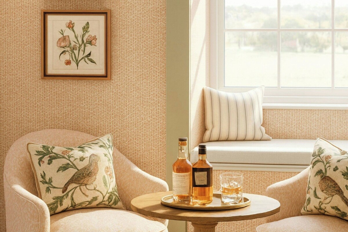 A cozy room with two armchairs, a small round table with a tray of bottles, and framed botanical prints on the wall.