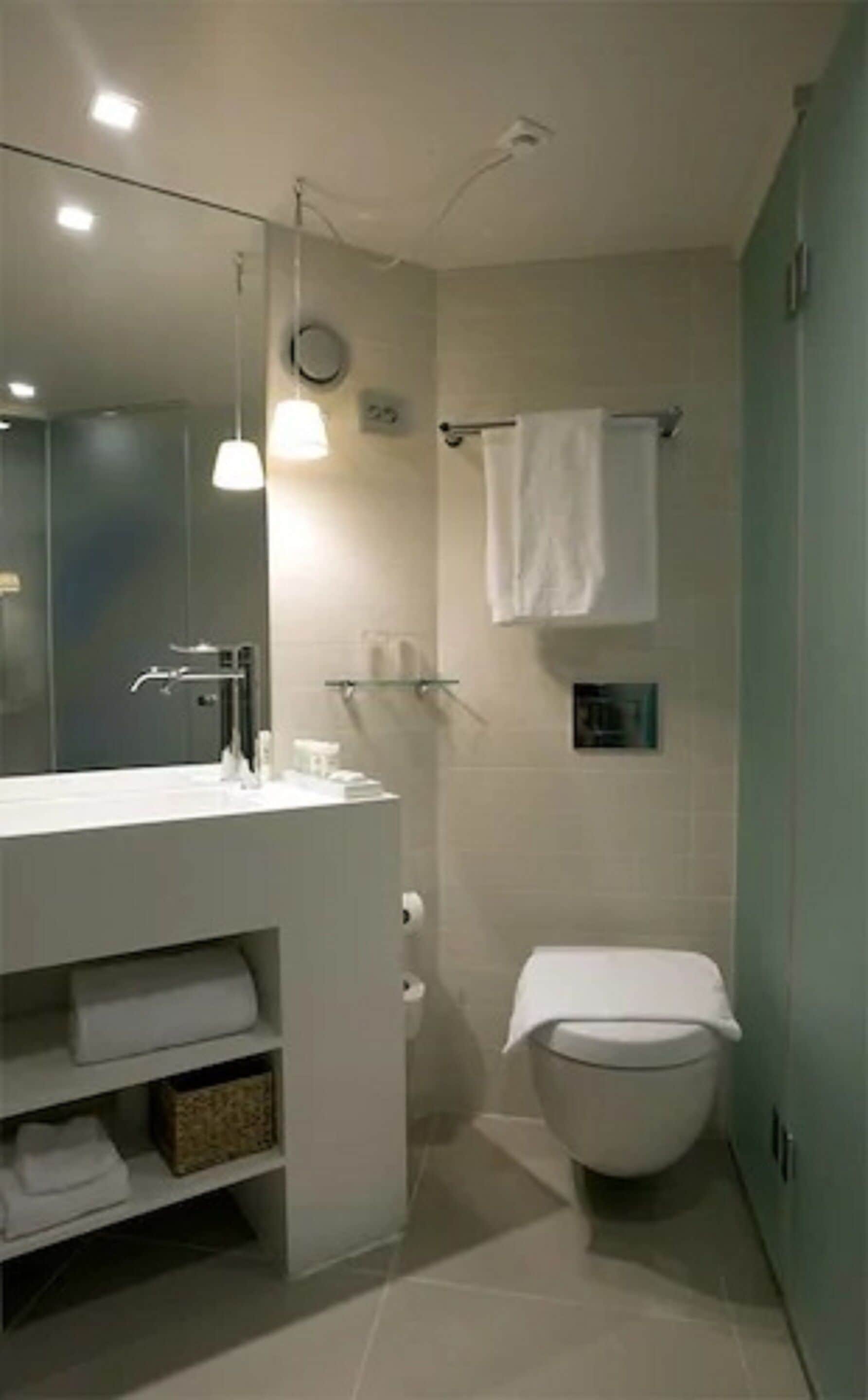 Une salle de bain moderne avec un grand miroir, un lavabo doté d’un porte-serviettes, des toilettes et un espace douche.