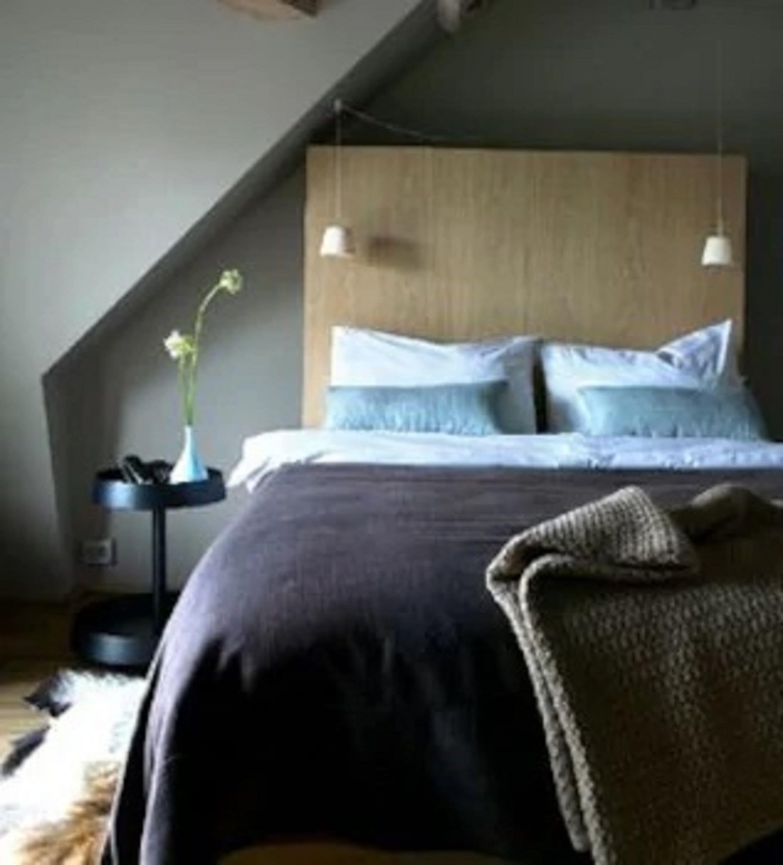 A bedroom with a sloped ceiling, a wooden headboard, a bed with blue and white bedding, a small side table with a lamp, and a decorative plant.