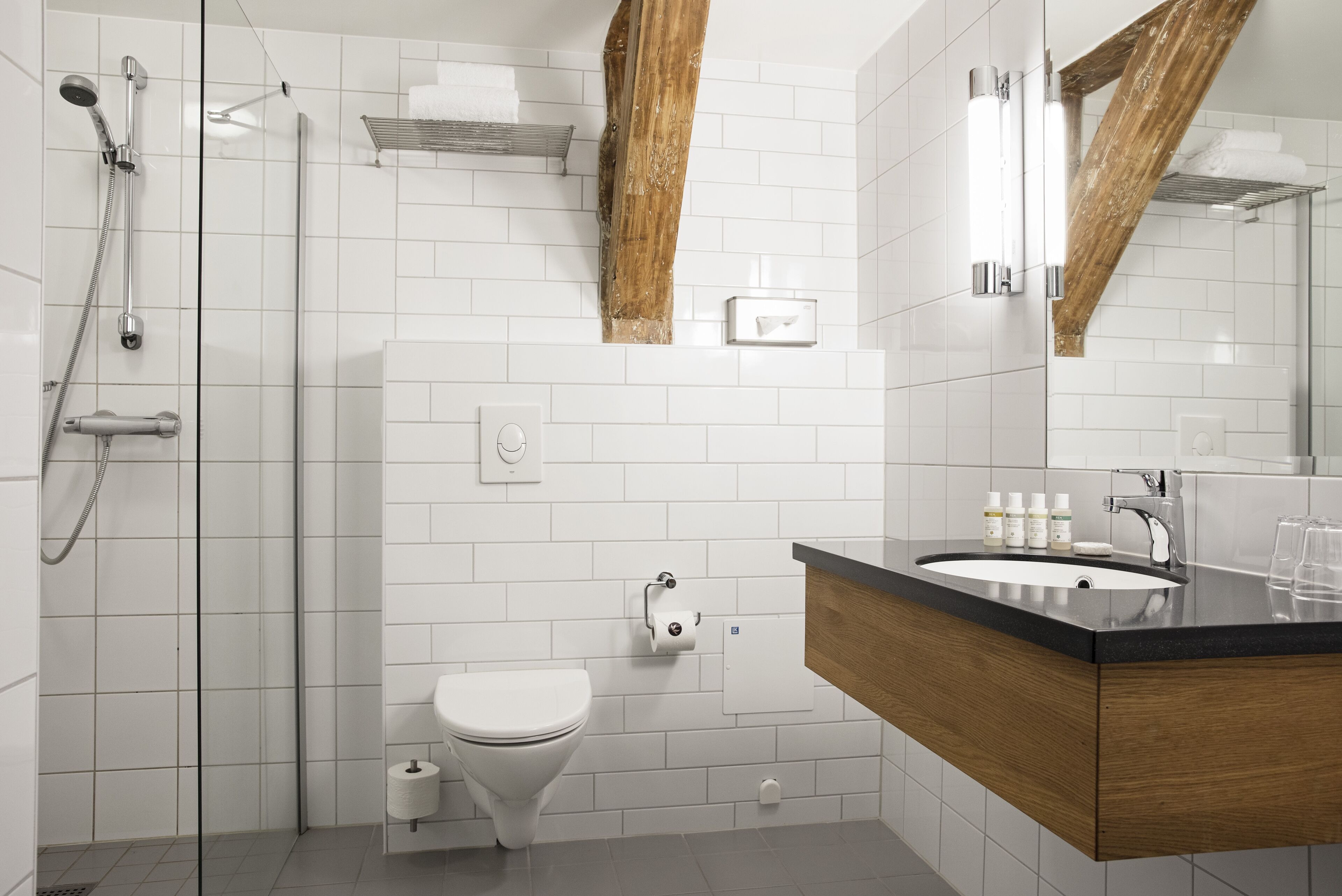 family room | bathroom | shower, hair dryer, towels