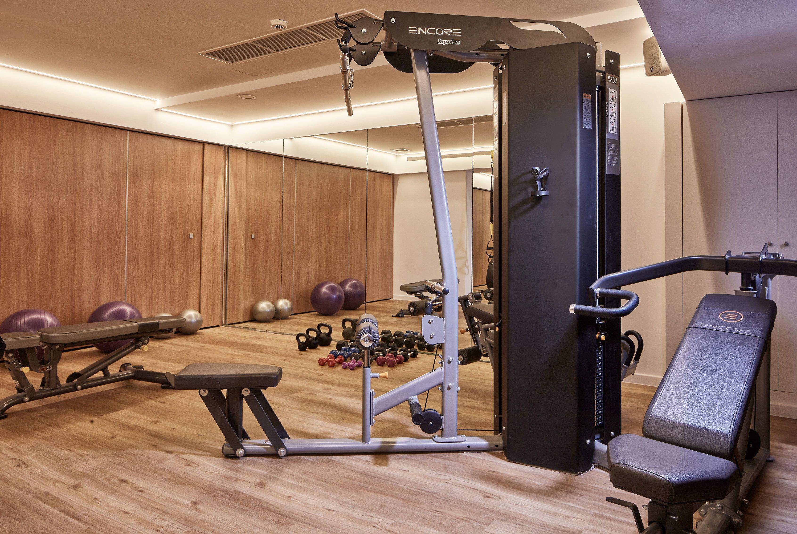 Un gimnasio con equipo de ejercicio, una banca y varios pesas.