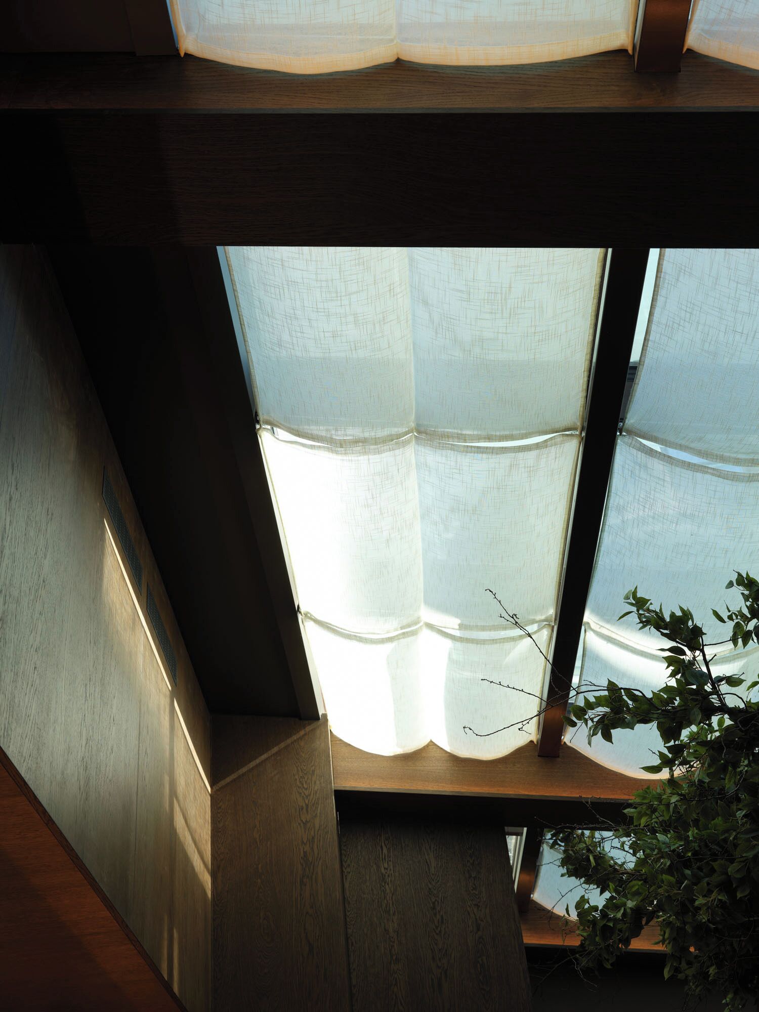 Een modern interieur met dakraam, houten balken en een potplant.