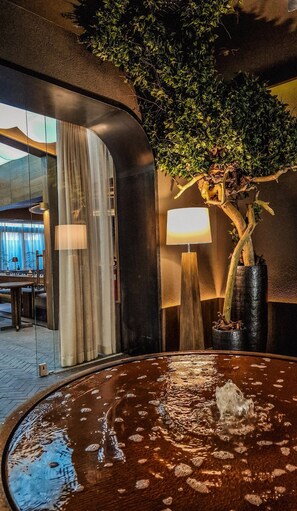 Un espace bien-être comprenant un jacuzzi, un arbre et une lampe.