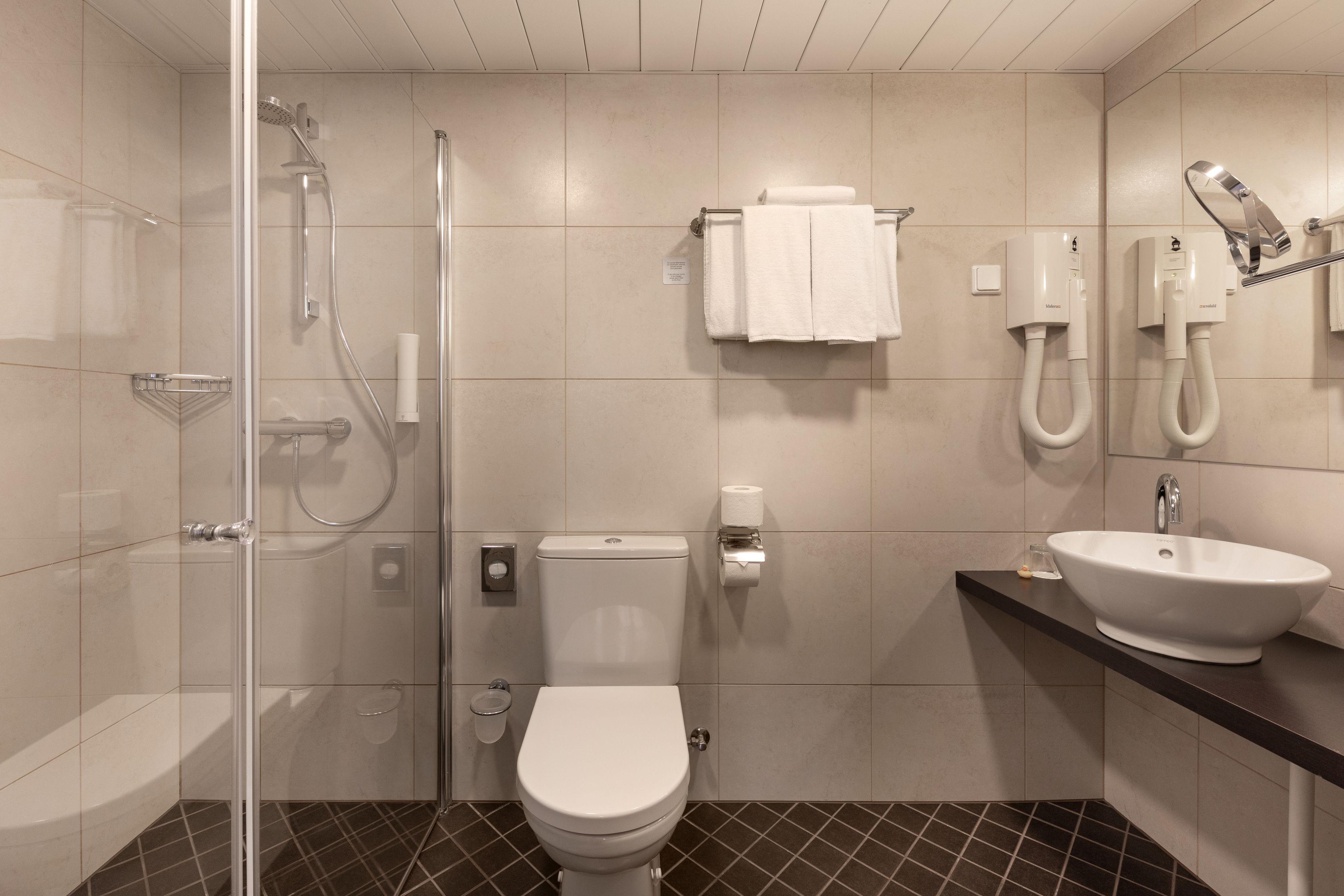 Een moderne badkamer met een douchecabine van glas, een wit toilet, een wastafel met spiegel en een handdoekhouder.