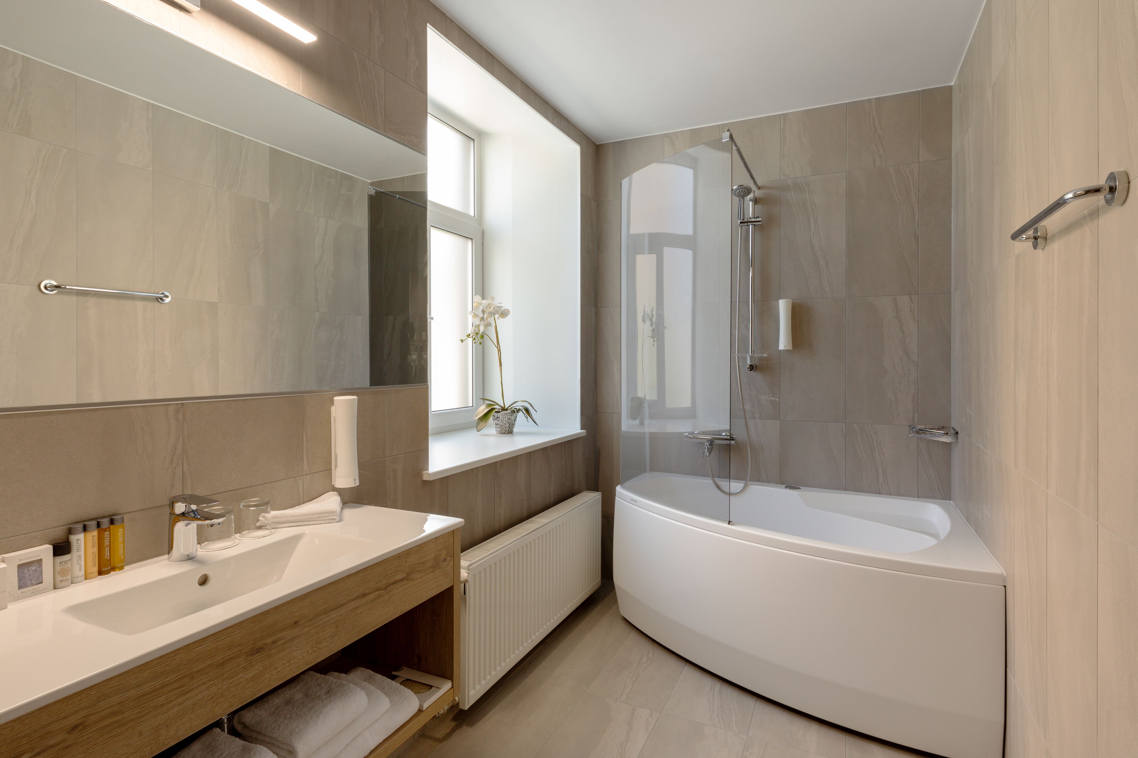 free toiletries, hair dryer, towels