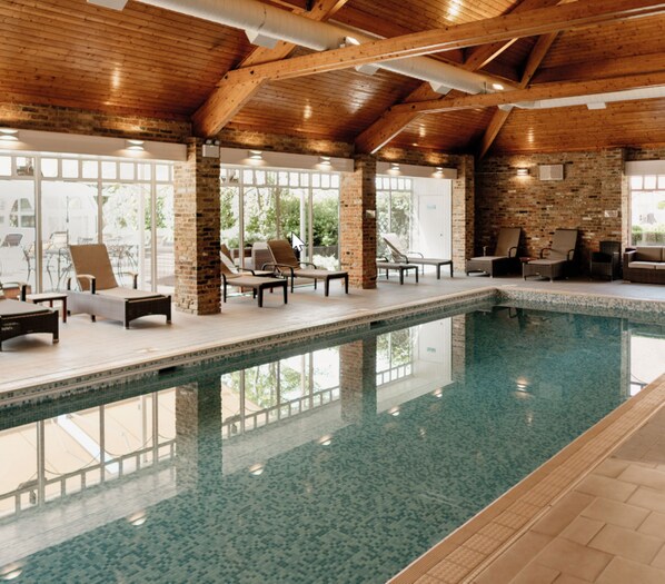 Indoor pool, outdoor pool, pool loungers