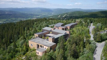 Un moderno complejo de edificios rodeado de un bosque denso, con una carretera que lo lleva a él.