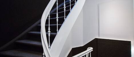 Eine moderne Treppe mit weißen Spindeln und einem dunklen Teppichbelag.