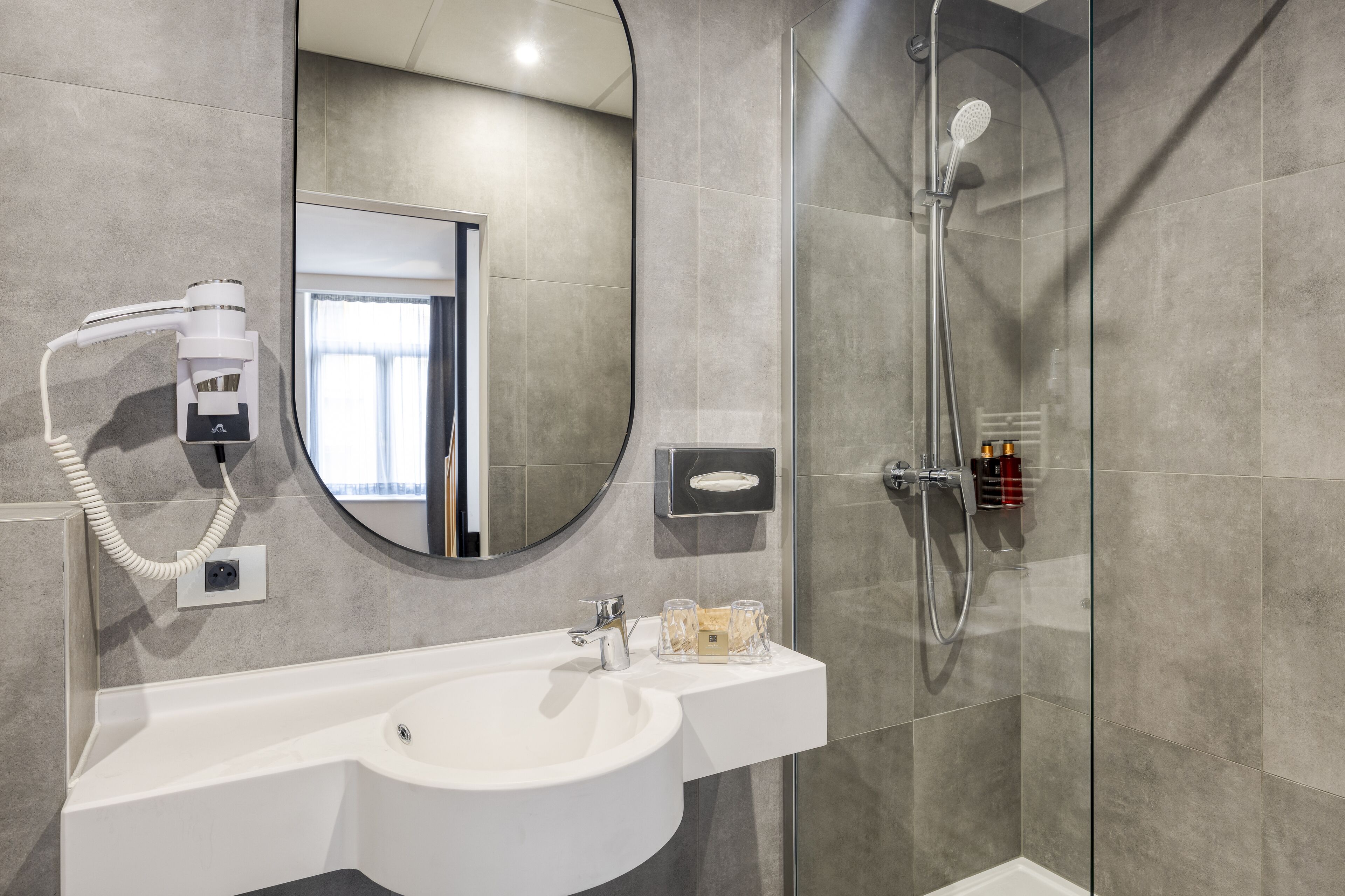 shower, eco-friendly toiletries, hair dryer, bathrobes