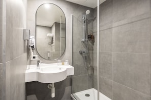 Shower, eco-friendly toiletries, hair dryer, bathrobes