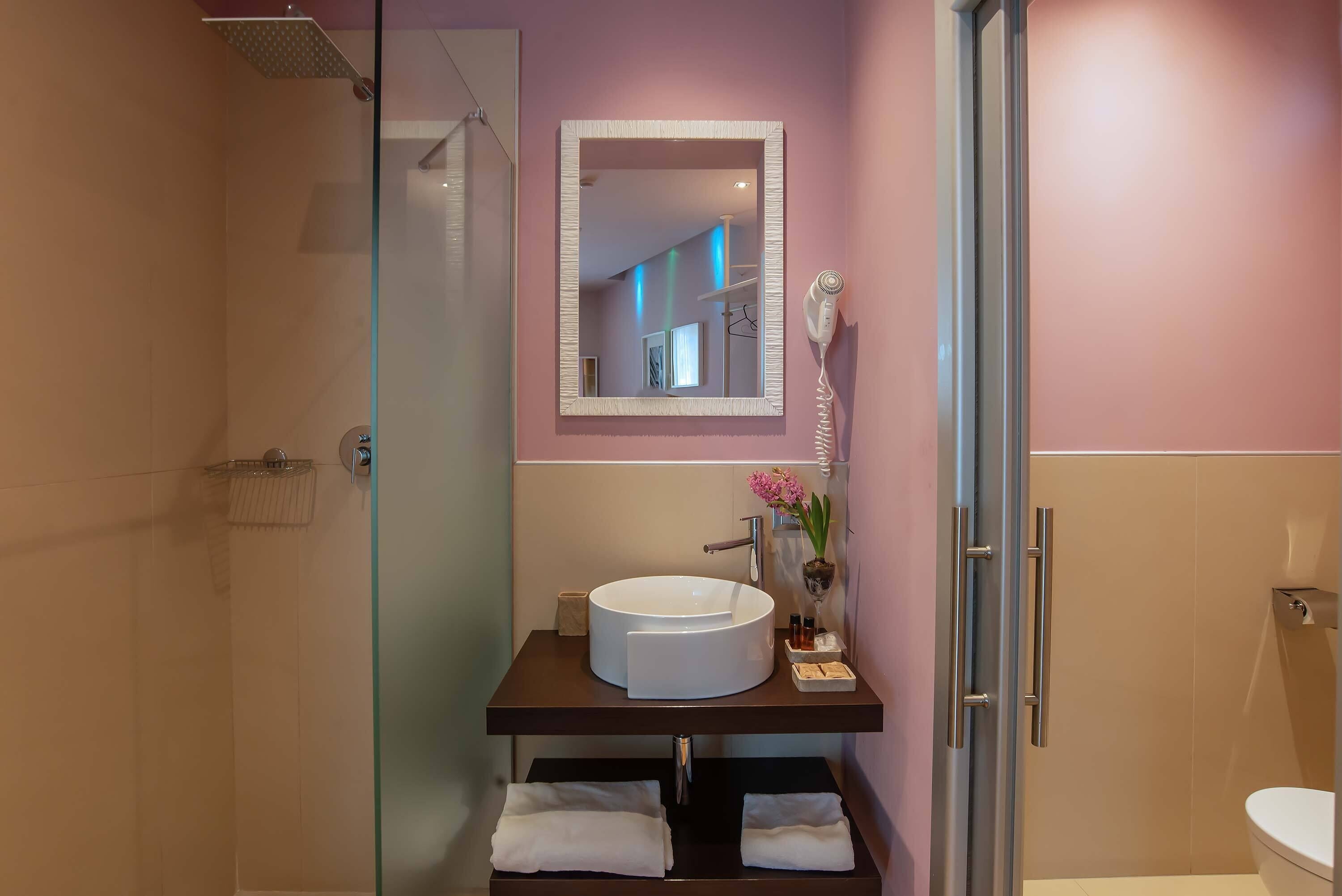 Une salle de bain avec une douche à parois de verre, un lavabo rond avec un miroir au-dessus et des toilettes.
