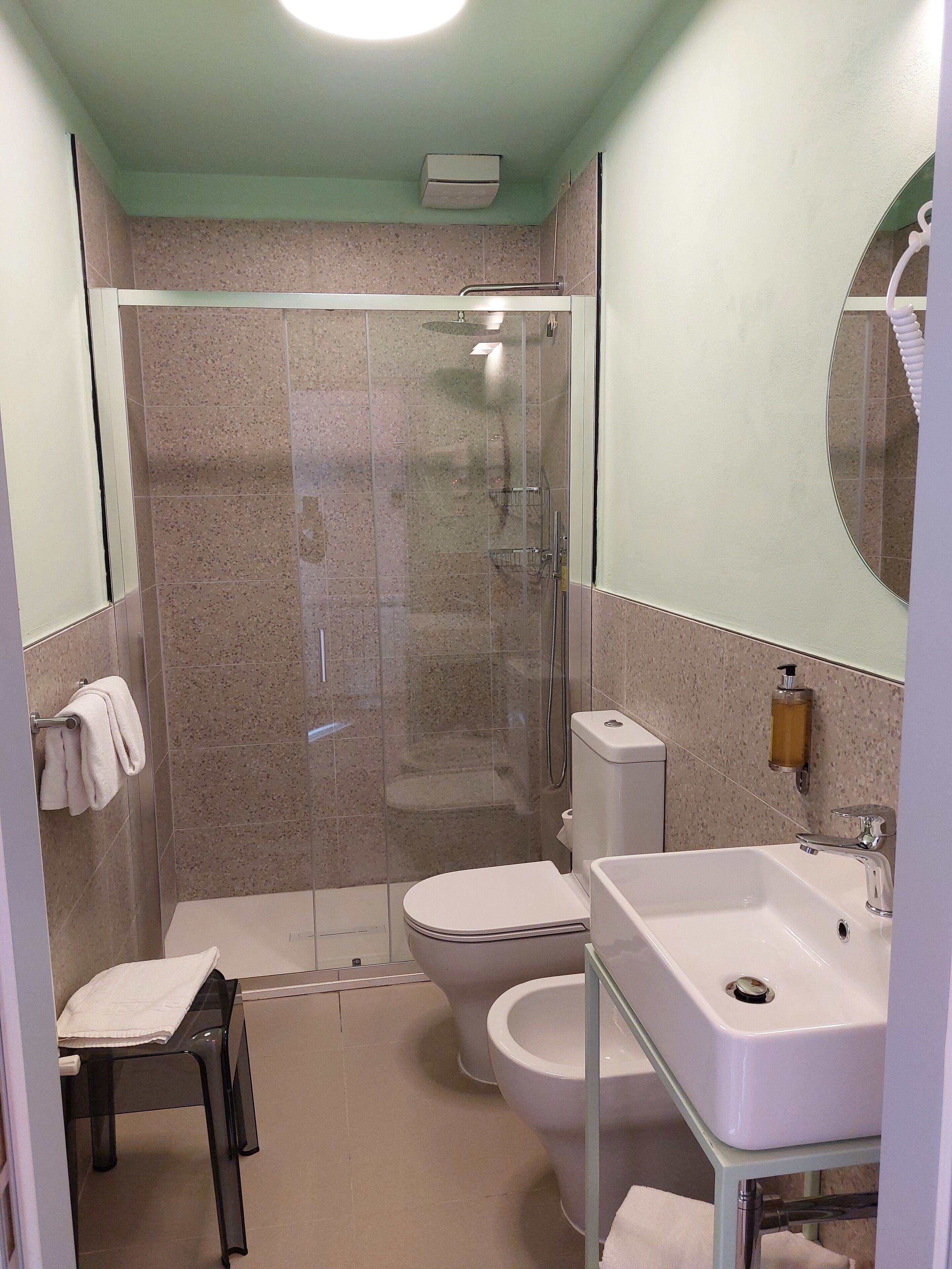standard double room | bathroom | shower, hair dryer, bidet, towels