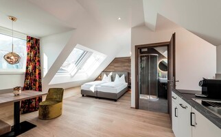 Un dormitorio tipo loft moderno con tragaluces, una cama, un escritorio y una ducha.