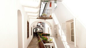 A narrow, white-walled corridor with a wooden bench, potted plants, and a view of a staircase leading to an upper floor.