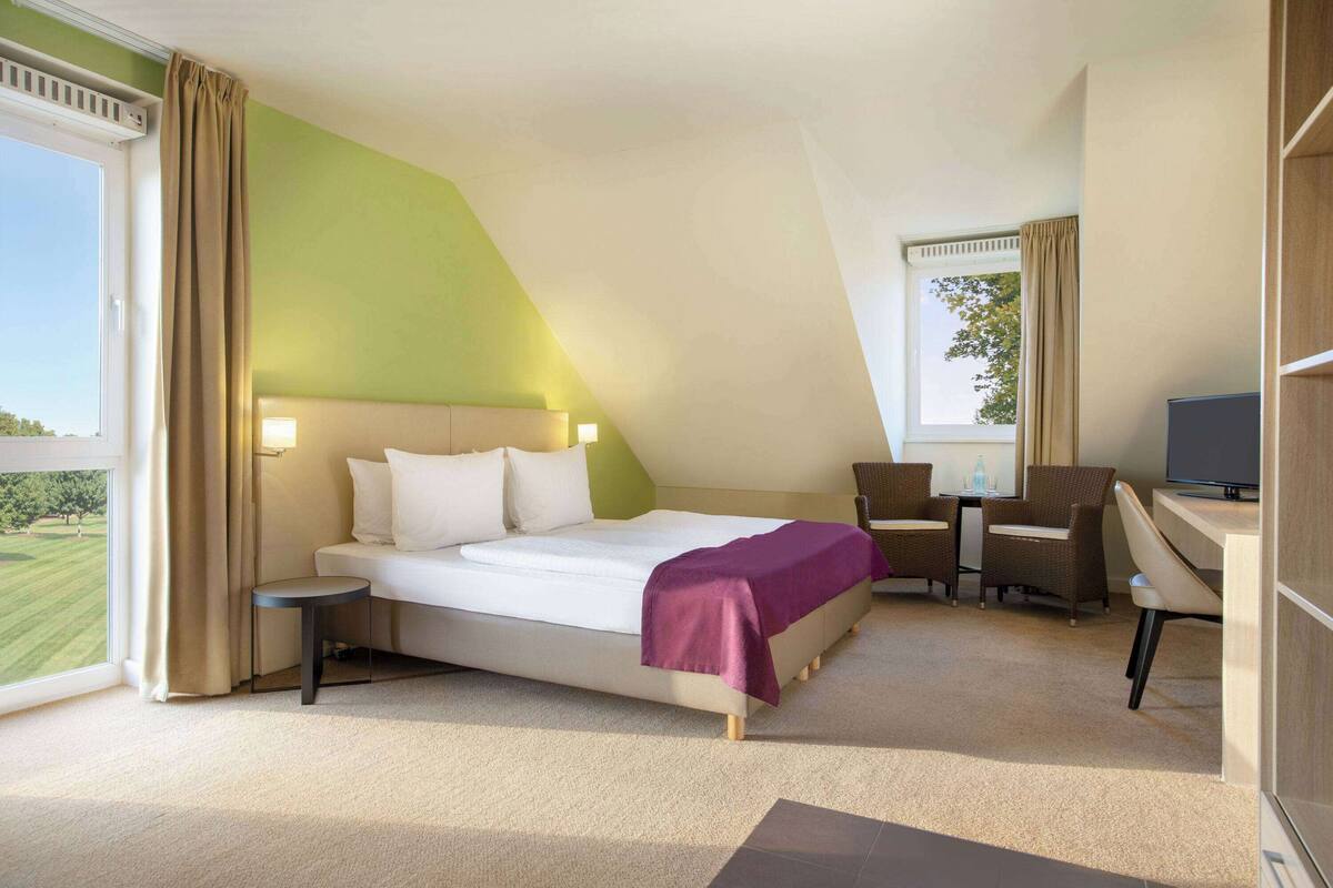 A hotel room with a bed, a desk, a chair, and a television.