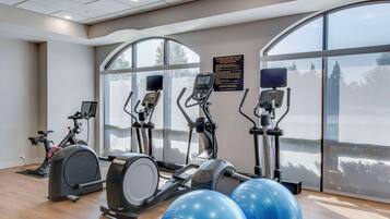 Une salle de sport équipée d’appareils de cardio, de ballons d’exercice et dotée d’une grande fenêtre offrant une belle vue.