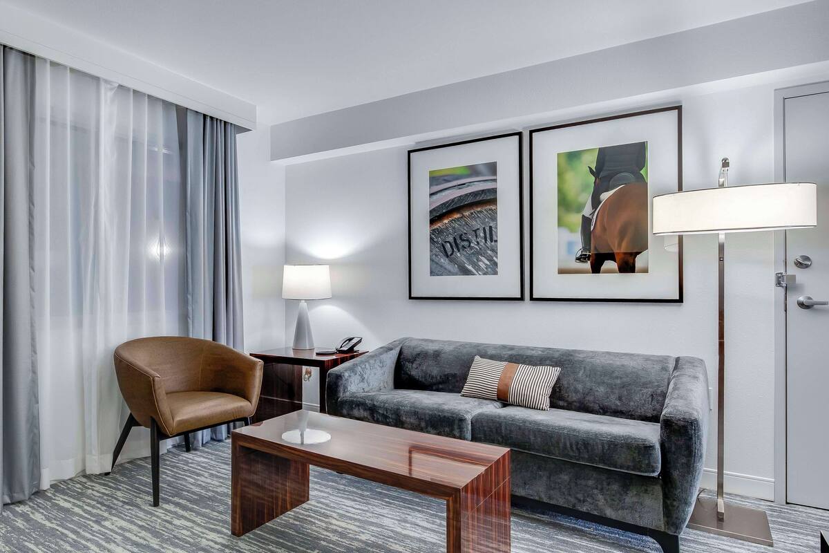 Une chambre d’hôtel moderne avec un canapé gris, un fauteuil marron, une table basse en bois, un bureau avec une lampe et deux tableaux encadrés au mur.
