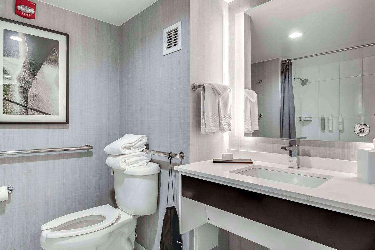 combined shower/bathtub, designer toiletries, hair dryer, towels