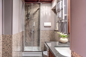 Een moderne badkamer met een douchecabine van glas, granieten aanrecht, een witte wastafel en een potplant.