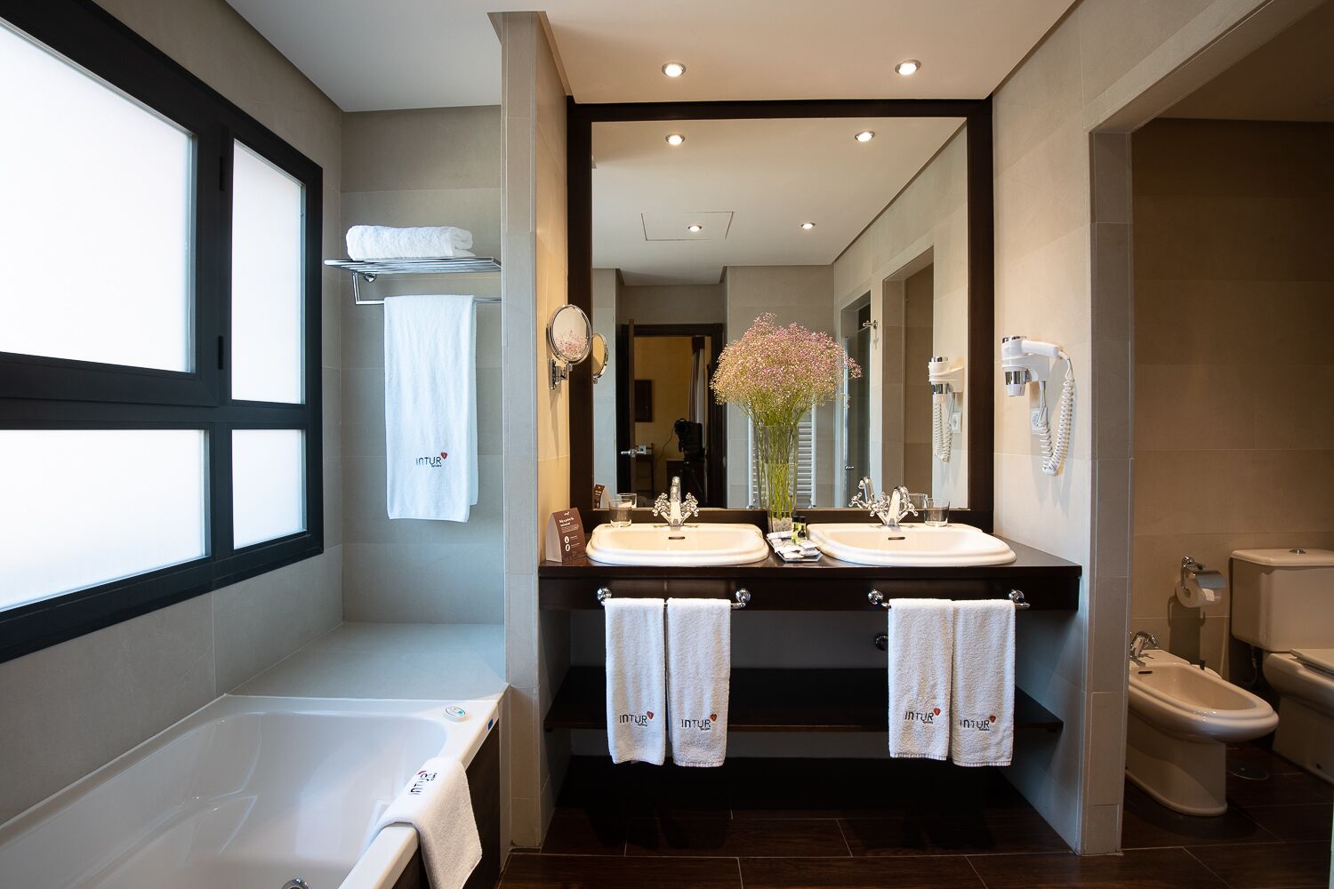 combined shower/bathtub, free toiletries, hair dryer, towels