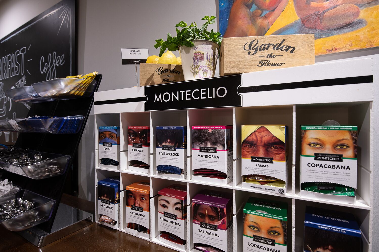 Une présentation des tisanes Montecelio, avec différents types d’emballage.