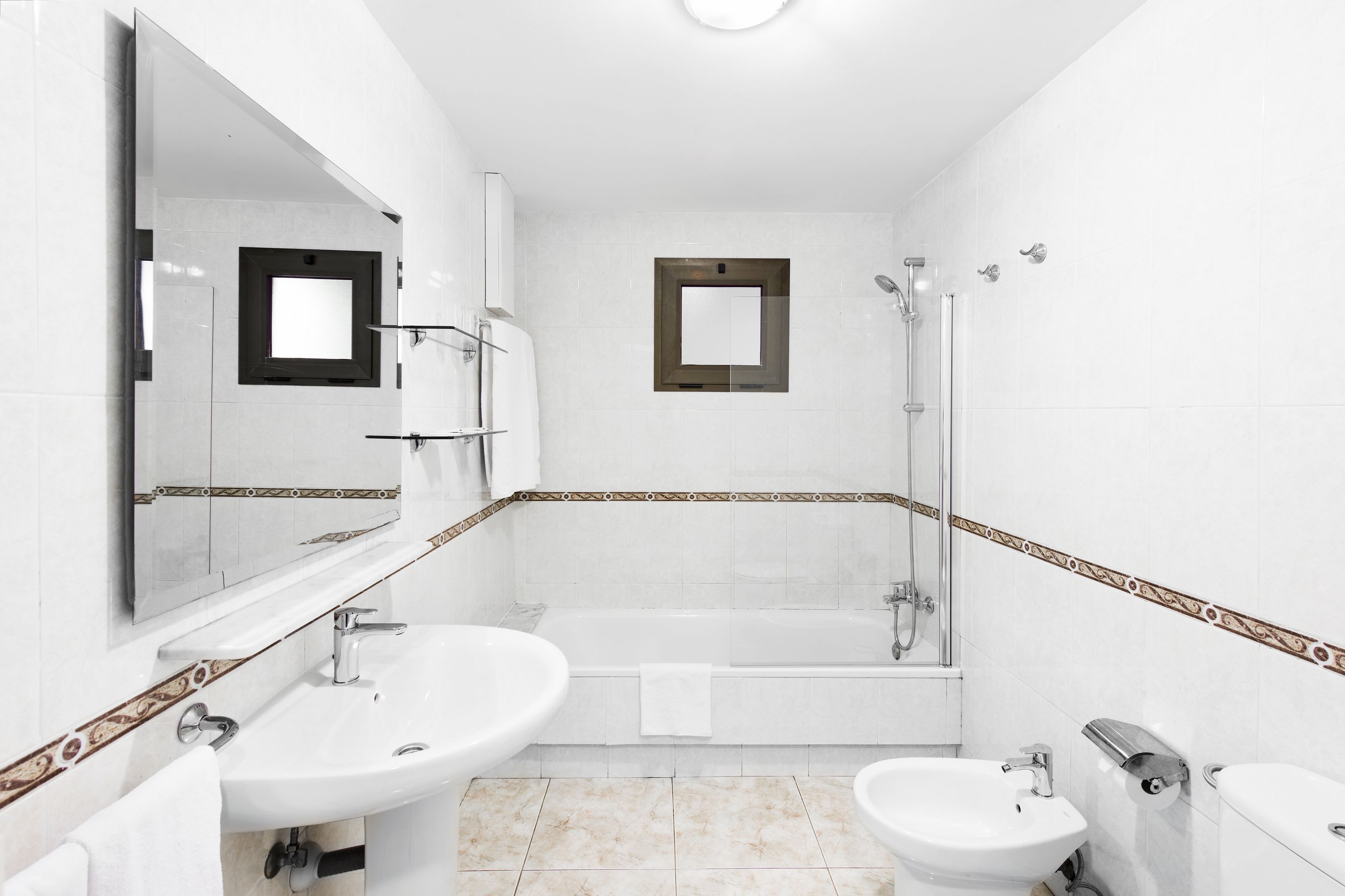 hair dryer, bidet, towels, soap