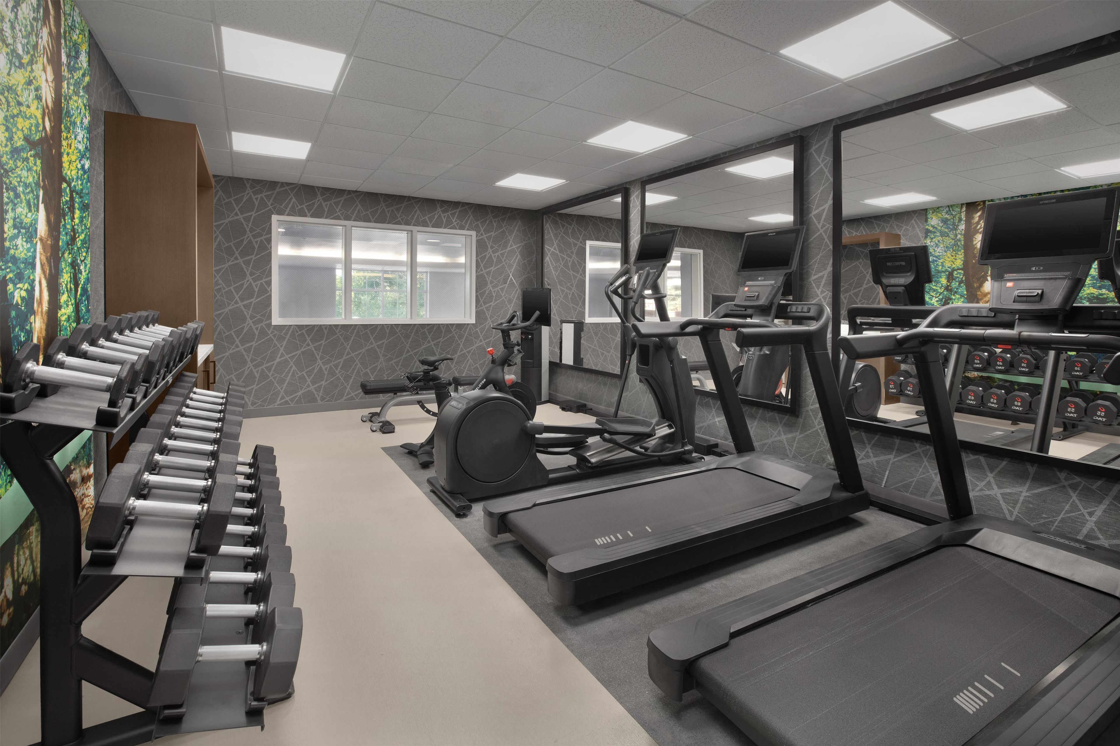 Un gimnasio con cintas de correr, bicicletas estáticas y pesas sueltas.