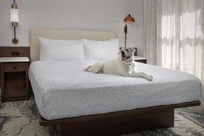 A bed with a white mattress and pillows, a wooden headboard, a nightstand with a lamp, and a dog lying on the bed. - Homewood Suites by Hilton Cleveland-Solon (Solon)