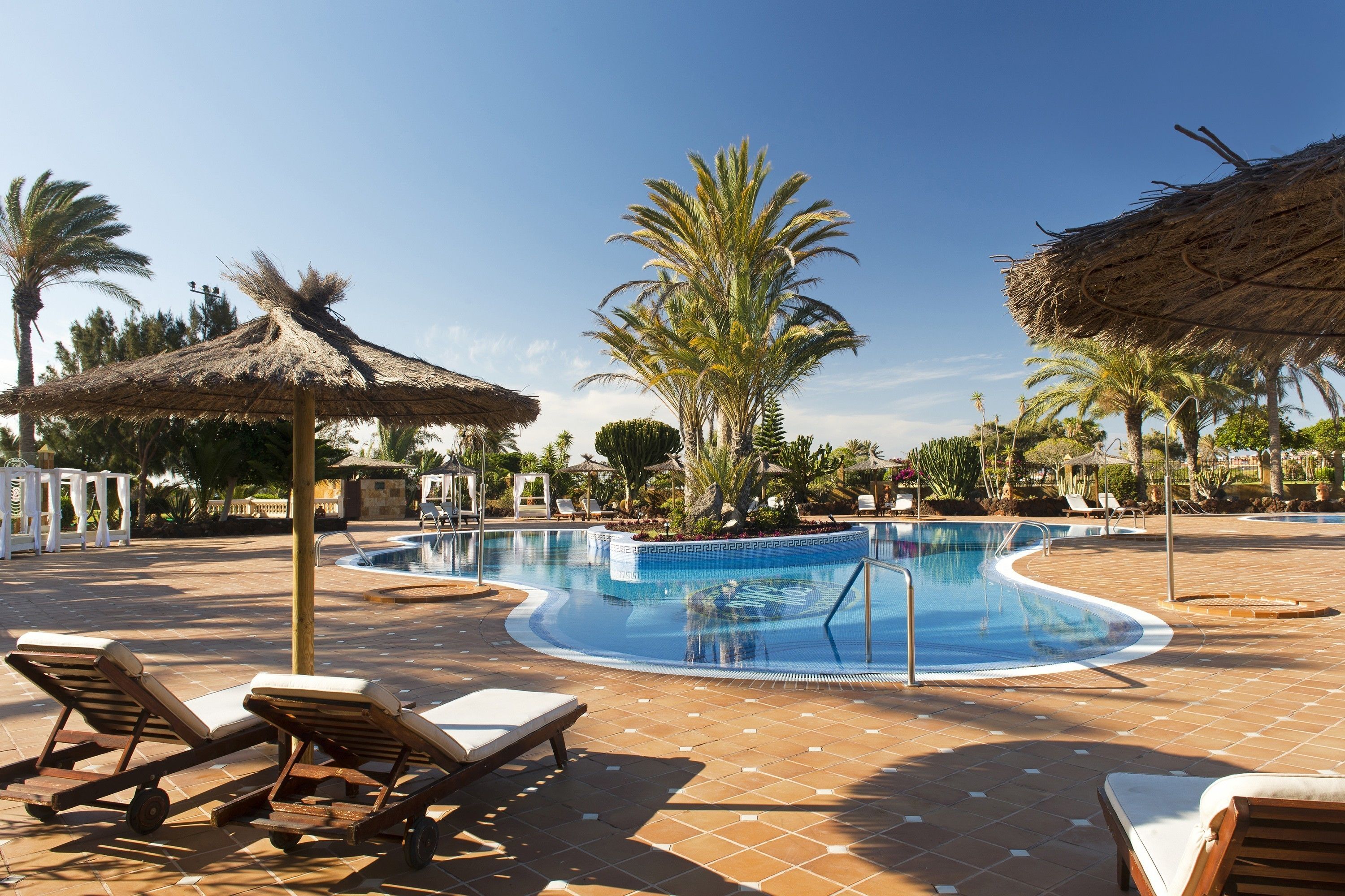 A pool area with lounge chairs, a thatched umbrella, and palm trees.
