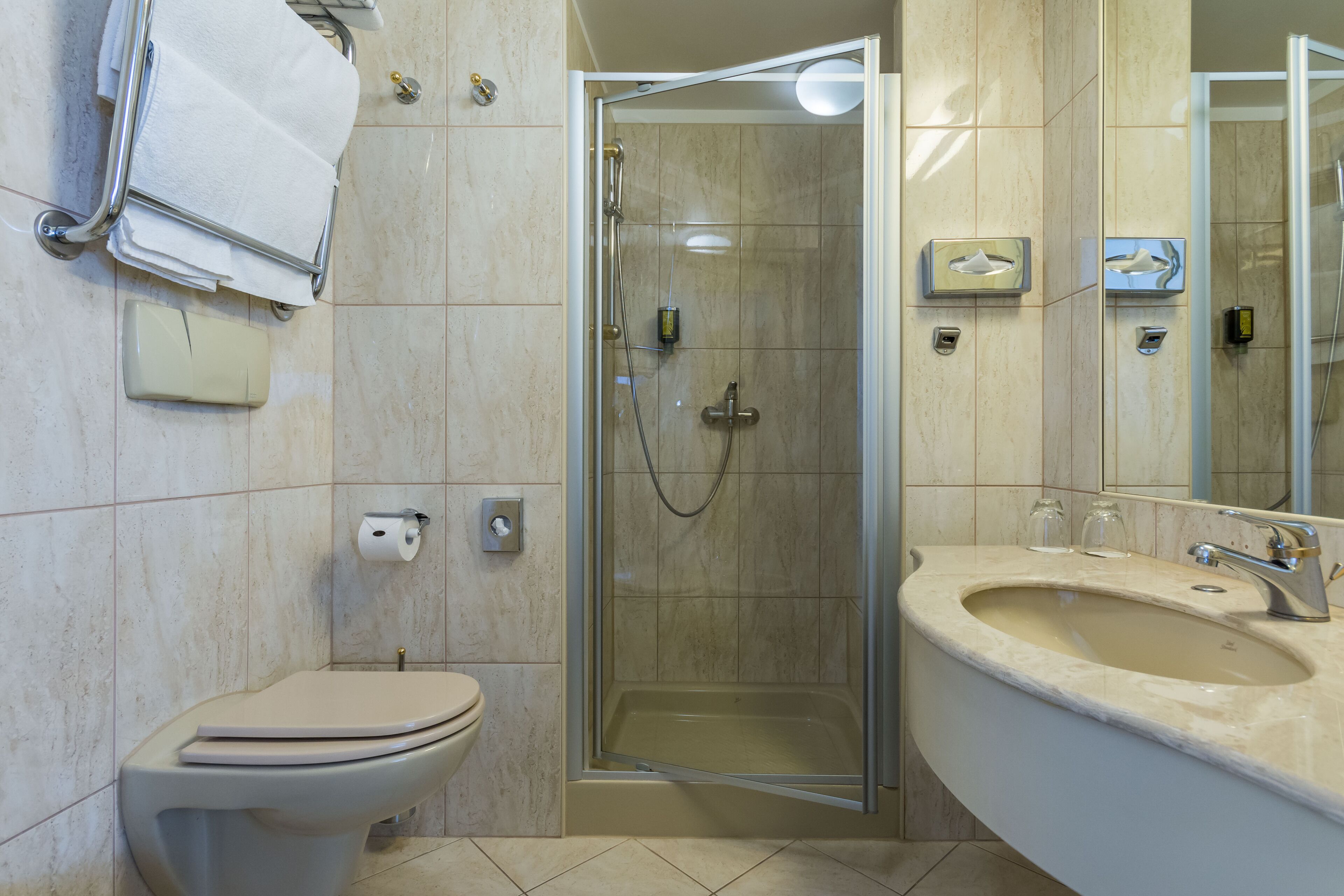 shower, free toiletries, hair dryer, heated floors