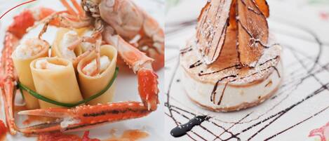 A lobster with a rolled-up shell and a dessert on a plate.