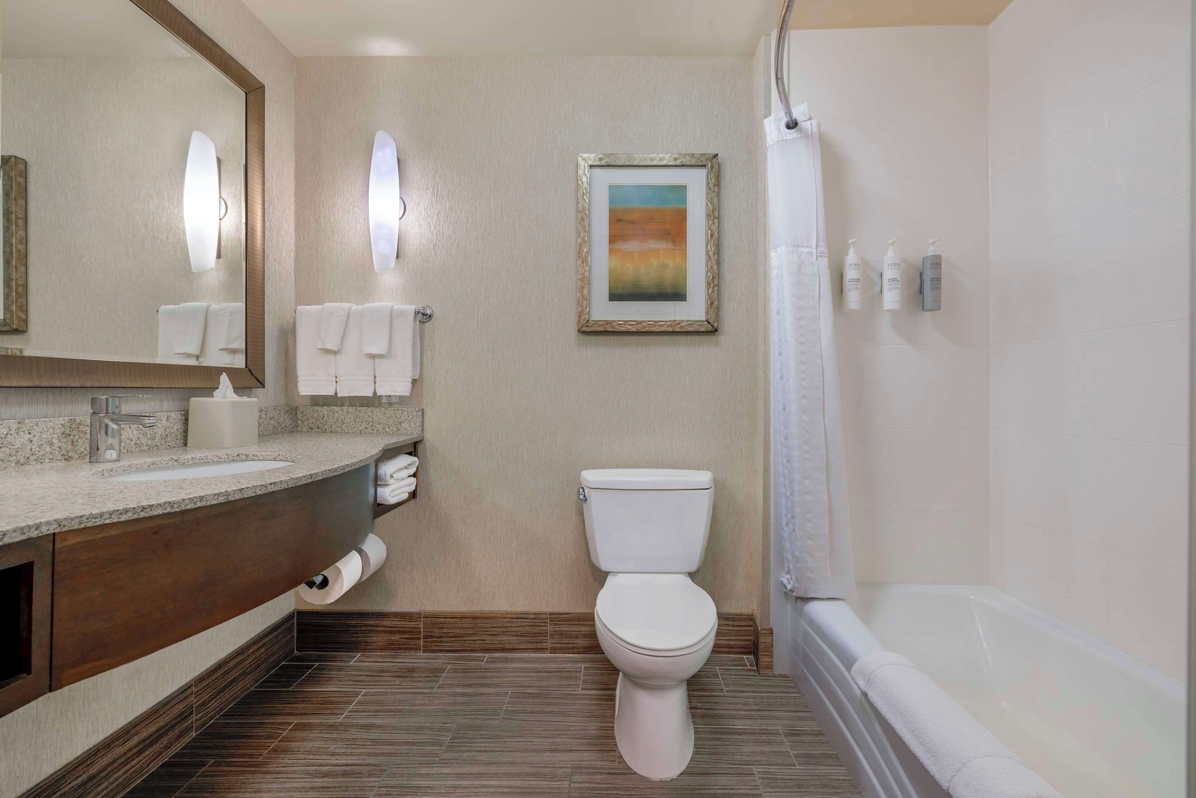 A modern bathroom with a sink, toilet, and bathtub. There is a large mirror above the sink and a framed picture on the wall.