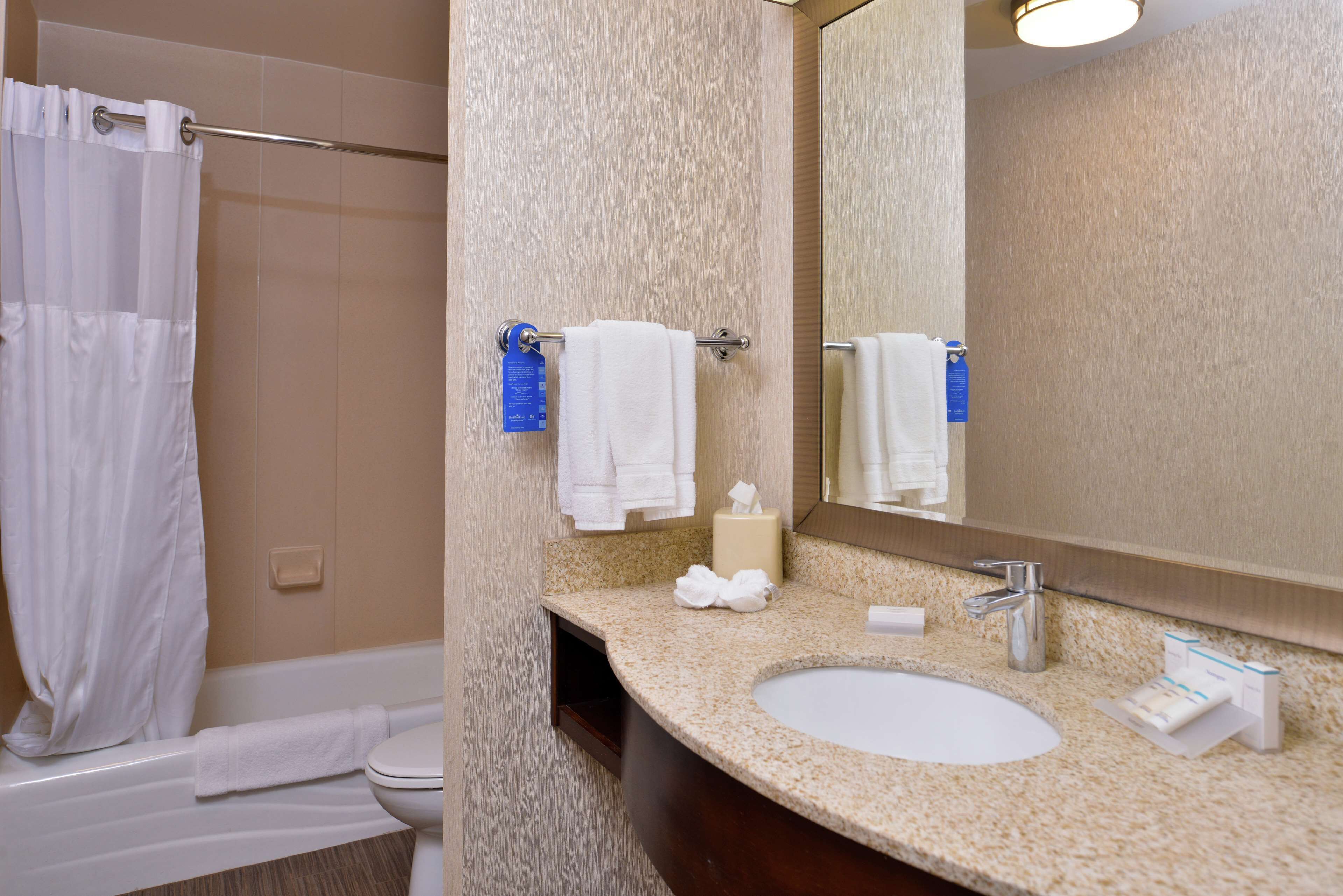 combined shower/bathtub, free toiletries, hair dryer, towels