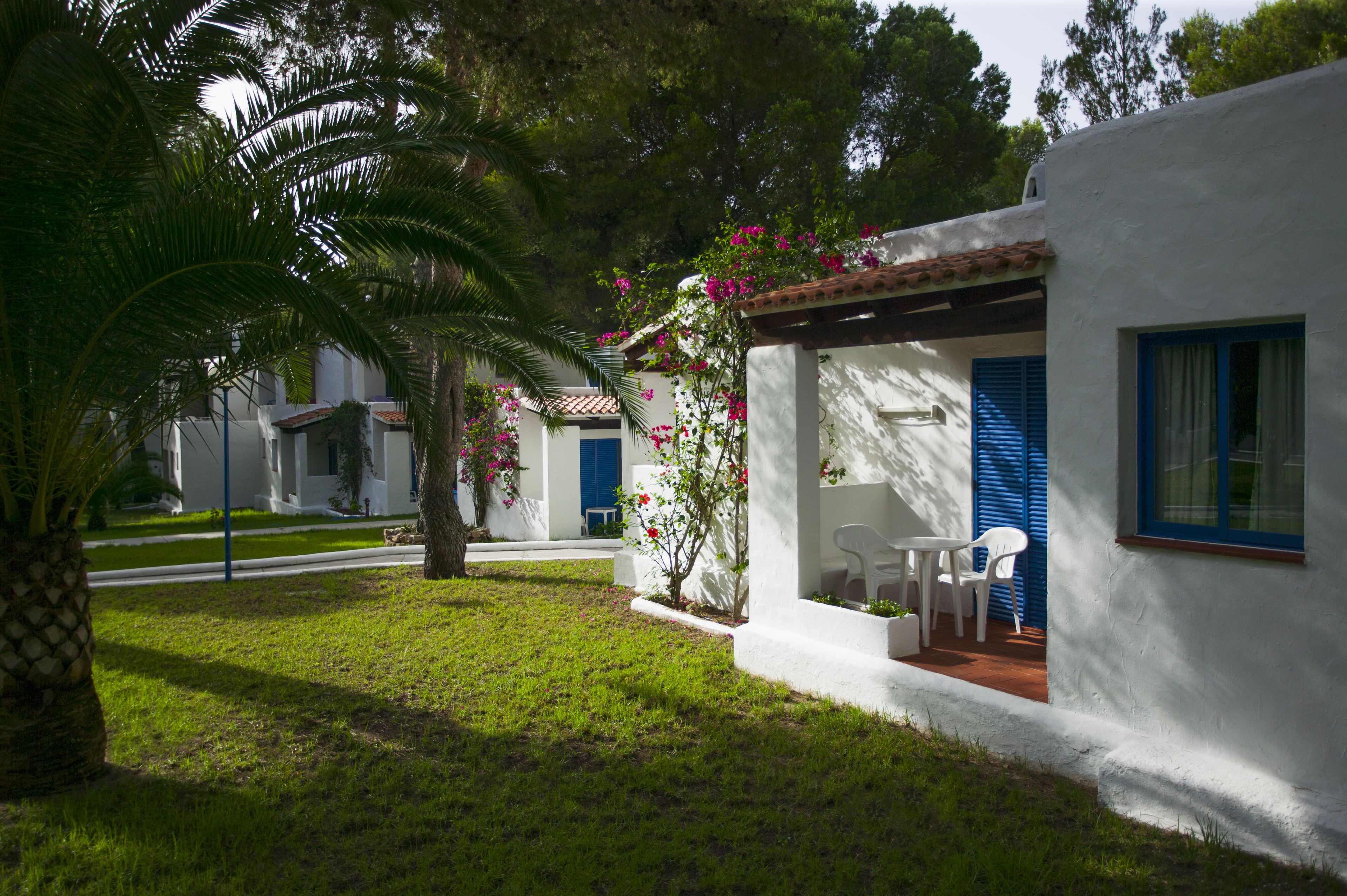 Un edificio blanco con contraventanas azules, un pequeño patio con una mesa y sillas, y una palmera en primer plano.