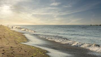 A beach with a sandy shore and gentle waves.