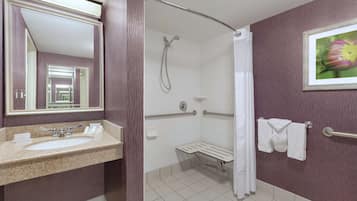 A bathroom with a sink, mirror, shower, and a framed picture on the wall.