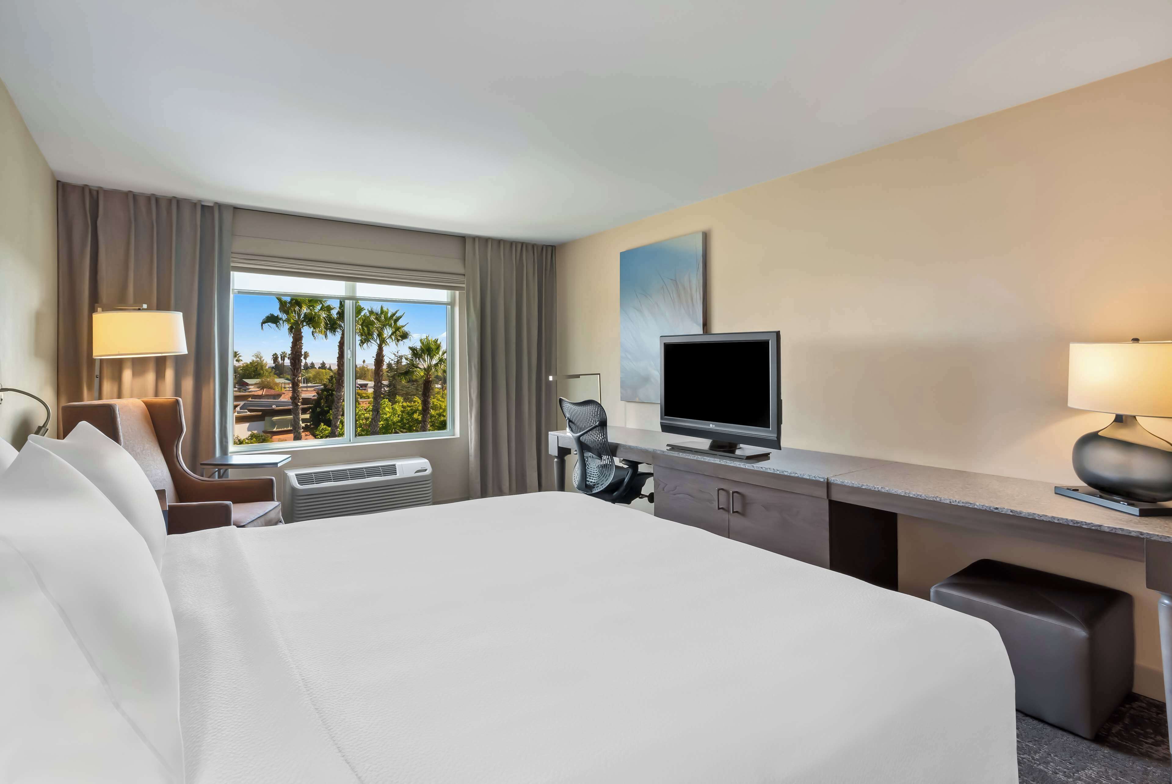 A hotel room with a large bed, a desk with a computer, a TV, and a window with a view of palm trees.