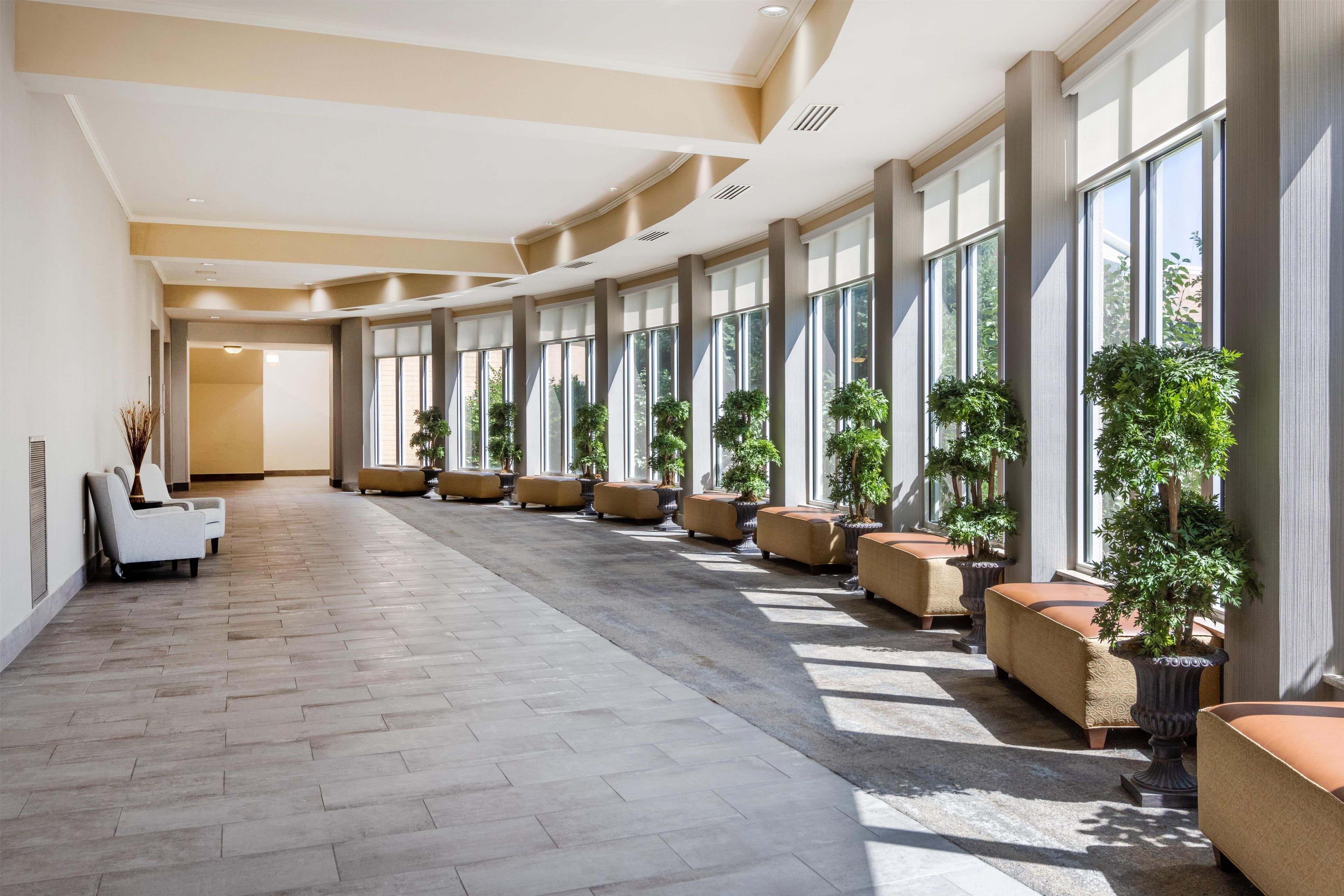 A spacious hotel lobby with a long corridor, large windows, and multiple seating areas with potted plants.