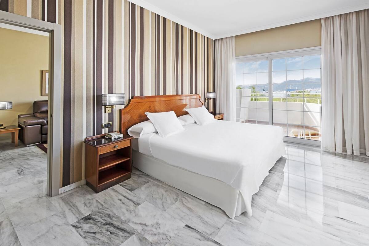 A hotel room with a large bed, a nightstand, a lamp, a TV, and a view of the outdoors.