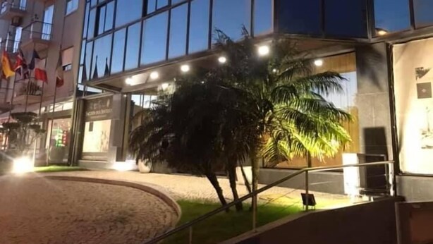 Un edificio moderno con fachada de vidrio, un área ajardinada con palmeras y una entrada pavimentada.