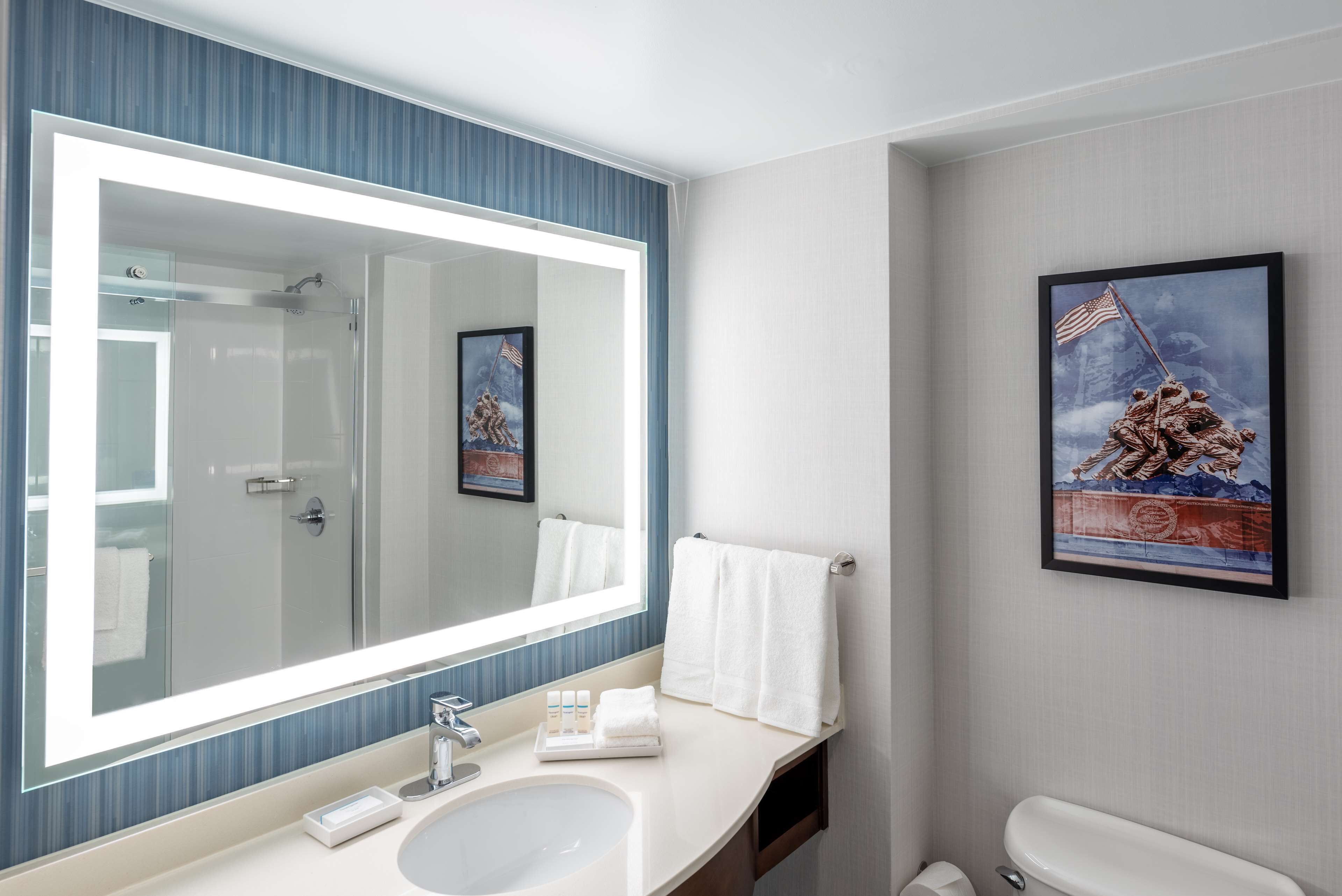 combined shower/bathtub, free toiletries, hair dryer, towels