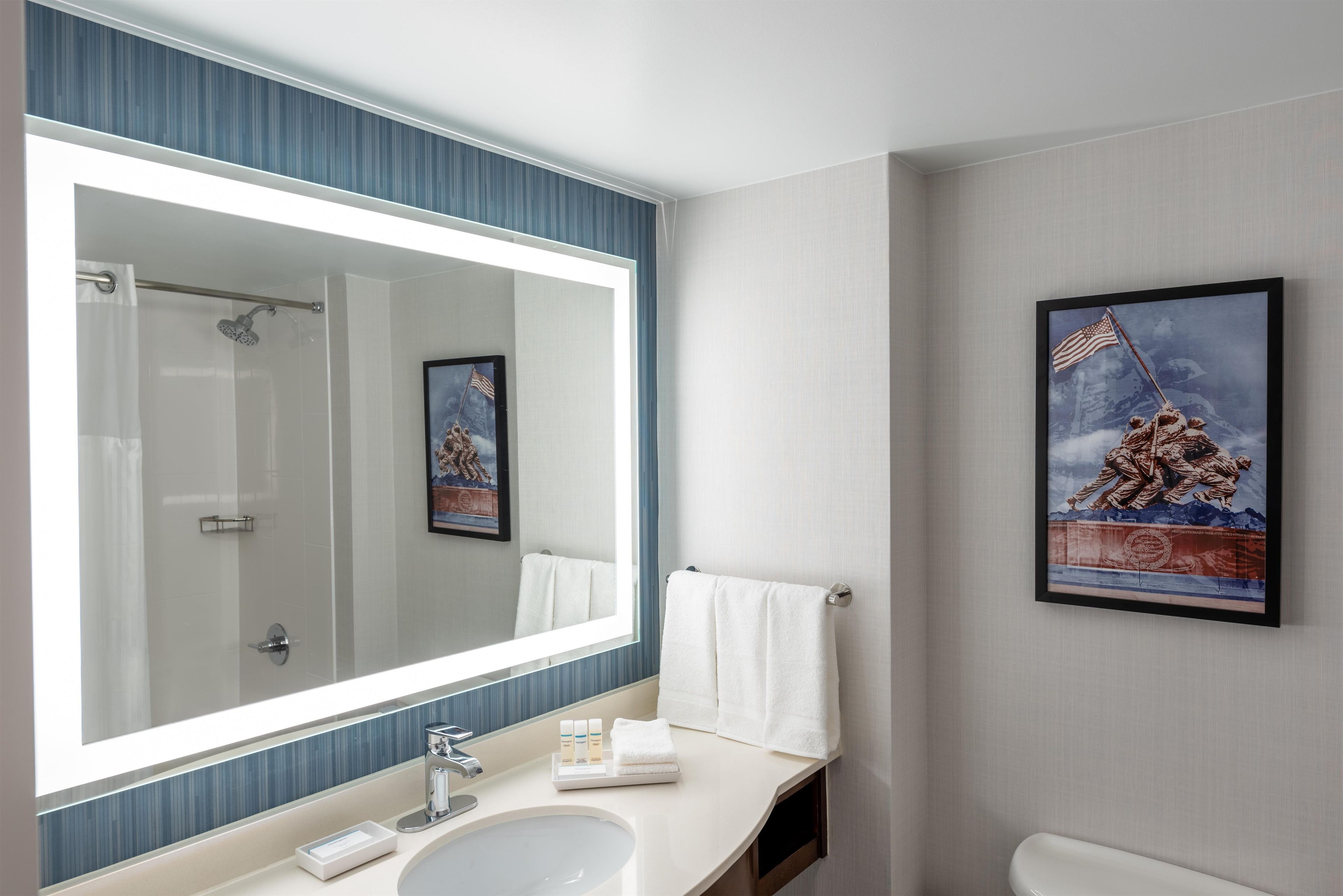 Une salle de bain avec un grand miroir, un lavabo, des toilettes et un tableau encadré au mur.