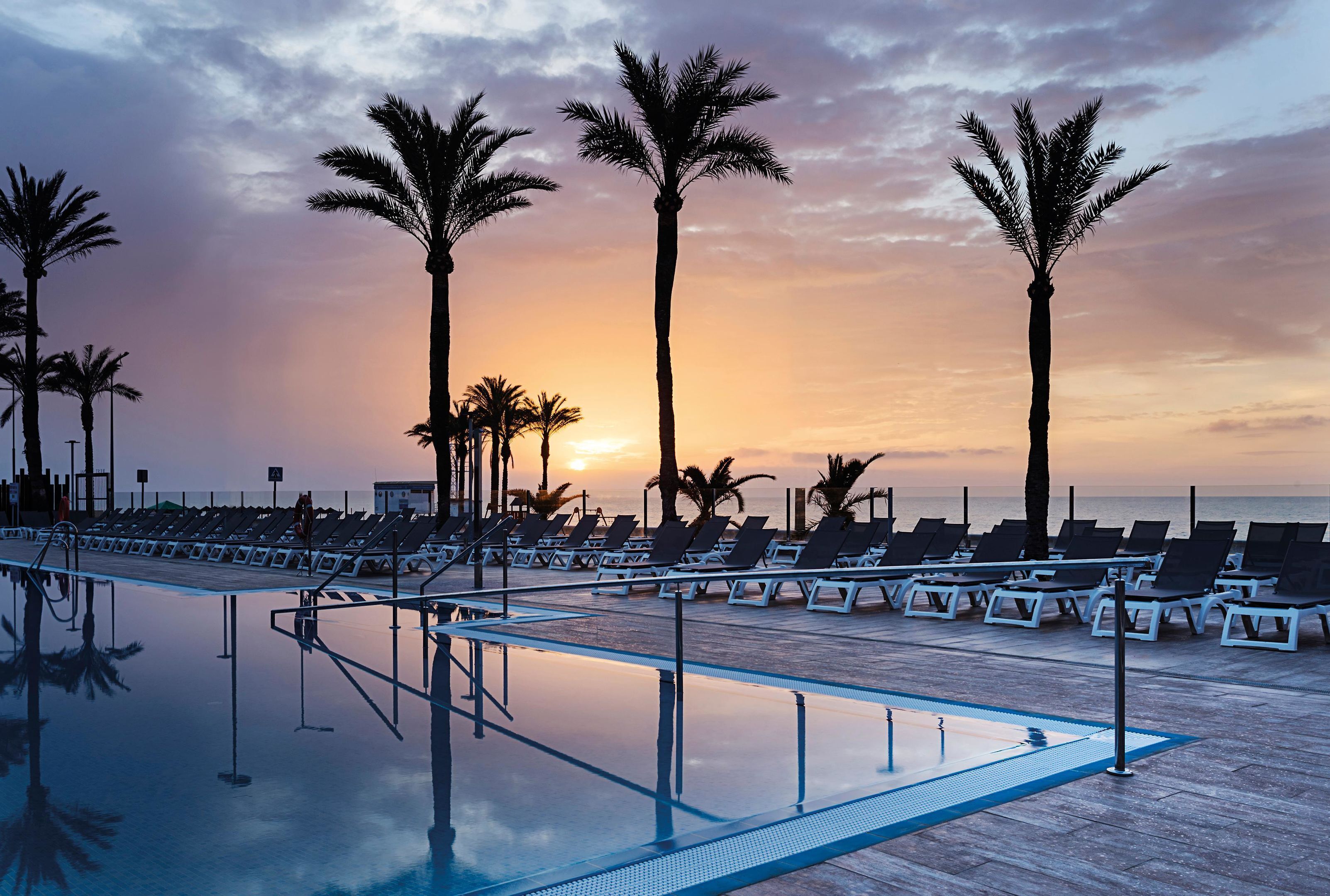 A poolside area with lounge chairs and palm trees, overlooking a body of water.