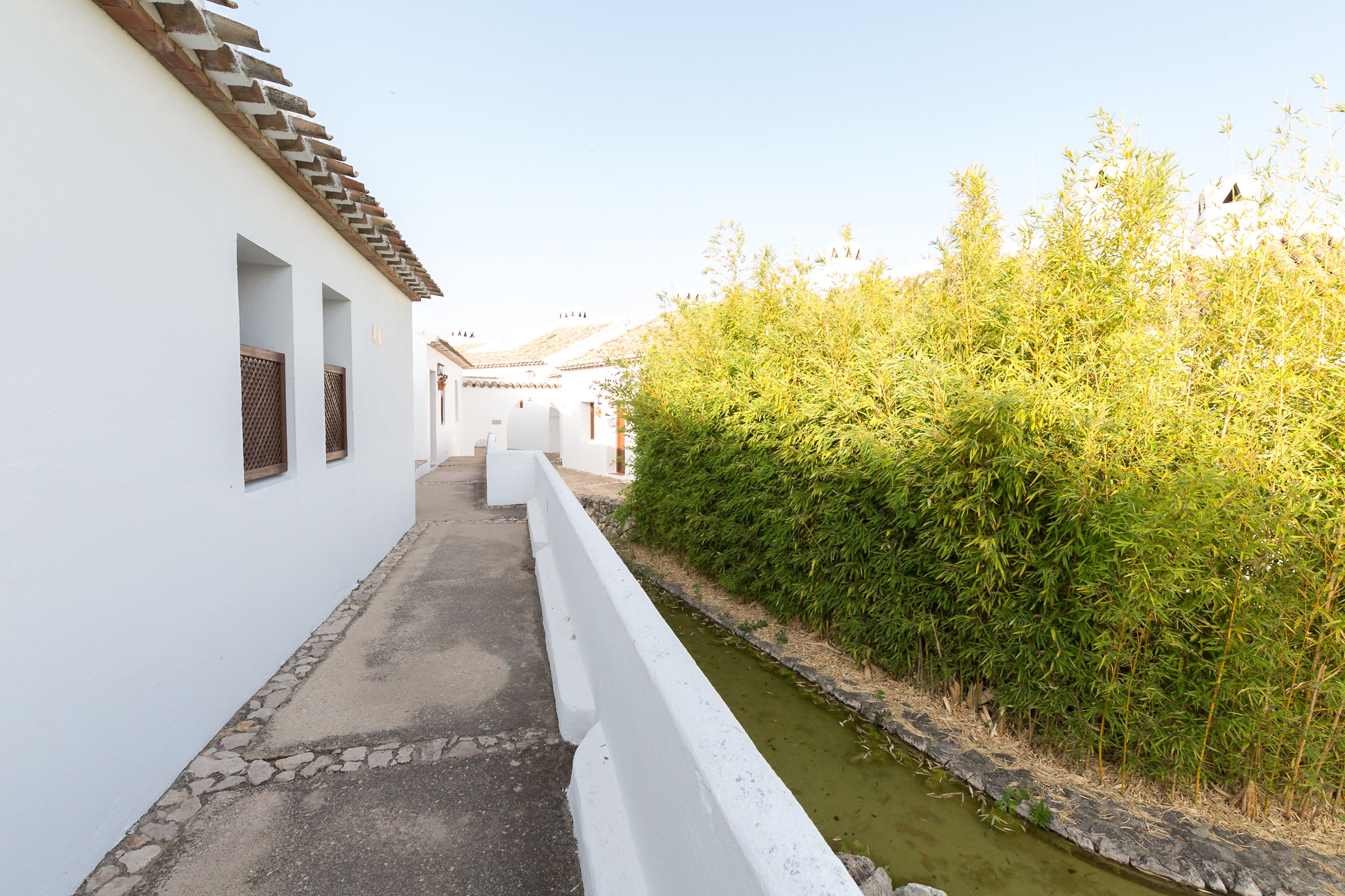 A narrow alleyway with white walls, a tiled roof, and a small stream running alongside.