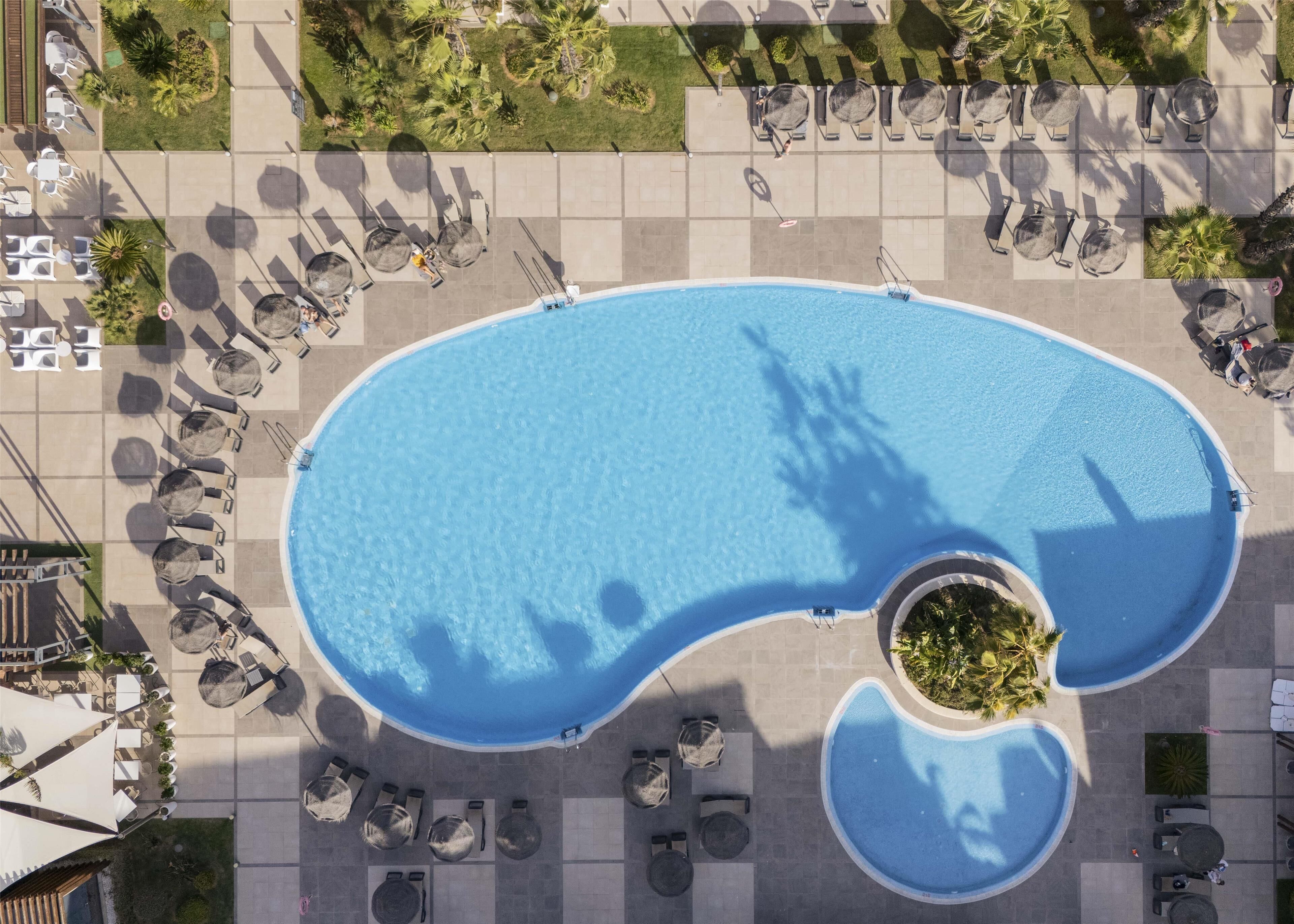 Vista aérea de una piscina con tumbonas y un pequeño jardín.